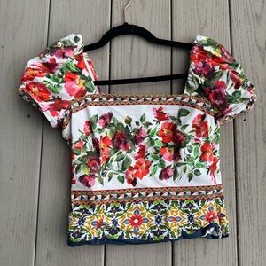 Antonio Melani Floral Puff-Sleeve Square Neck Top - White Red Green Floral XS 2
